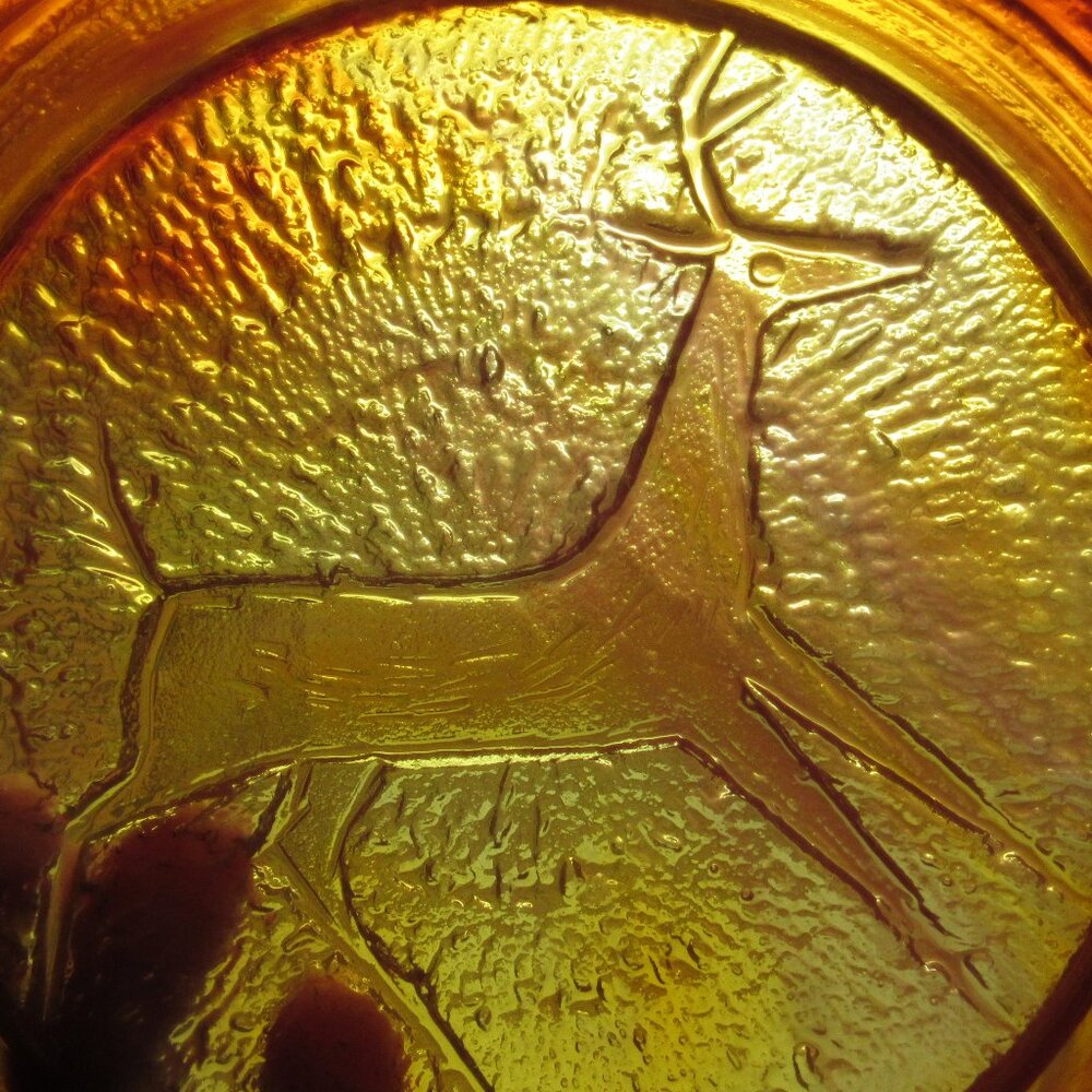 MCM Heavy Orange and Yellow Reverse Carved Glass Deer Design Ashtray